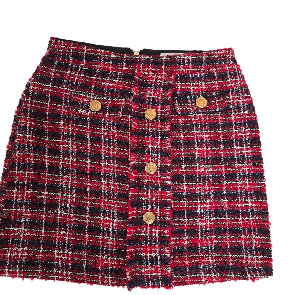Walter Baker Iliana Plaid Tweed Mini Skirt Gold Buttons Size 6 Old Money Preppy